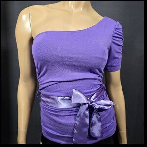 Y2K Purple One Shoulder Top Ruched Ribbon Belt Size S McBling Short Sleeve